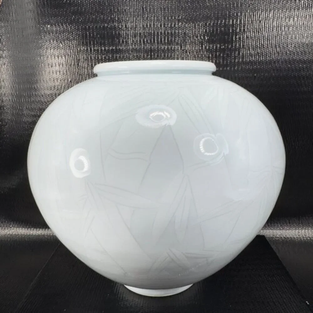 Celadon Pottery Vessel Vase With Bamboo‎ Pattern Light Green Artist Signed Vase